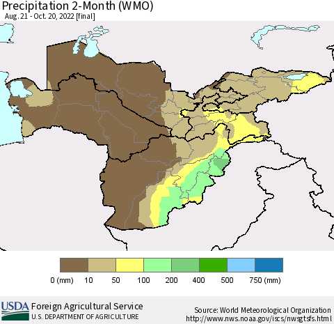 Central Asia Precipitation 2-Month (WMO) Thematic Map For 8/21/2022 - 10/20/2022