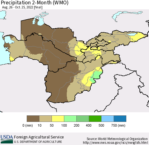 Central Asia Precipitation 2-Month (WMO) Thematic Map For 8/26/2022 - 10/25/2022