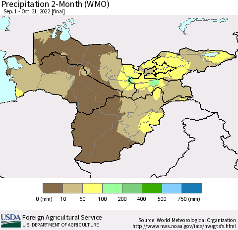 Central Asia Precipitation 2-Month (WMO) Thematic Map For 9/1/2022 - 10/31/2022