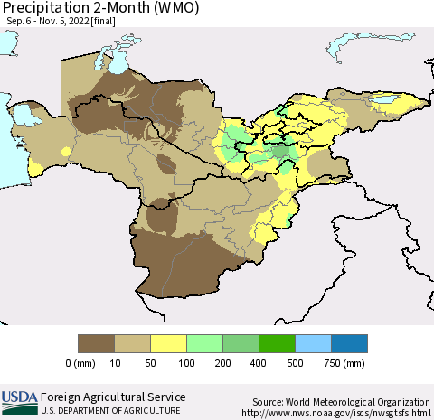 Central Asia Precipitation 2-Month (WMO) Thematic Map For 9/6/2022 - 11/5/2022