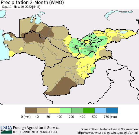 Central Asia Precipitation 2-Month (WMO) Thematic Map For 9/11/2022 - 11/10/2022