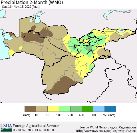 Central Asia Precipitation 2-Month (WMO) Thematic Map For 9/16/2022 - 11/15/2022
