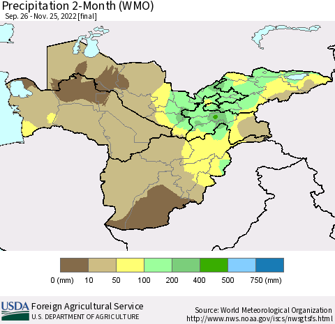 Central Asia Precipitation 2-Month (WMO) Thematic Map For 9/26/2022 - 11/25/2022