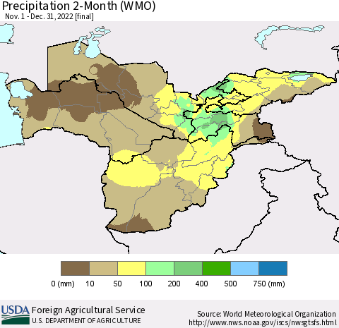 Central Asia Precipitation 2-Month (WMO) Thematic Map For 11/1/2022 - 12/31/2022