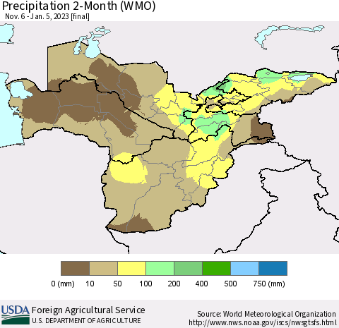 Central Asia Precipitation 2-Month (WMO) Thematic Map For 11/6/2022 - 1/5/2023