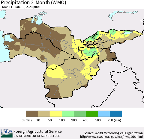 Central Asia Precipitation 2-Month (WMO) Thematic Map For 11/11/2022 - 1/10/2023