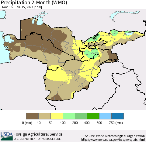 Central Asia Precipitation 2-Month (WMO) Thematic Map For 11/16/2022 - 1/15/2023