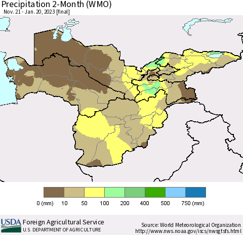 Central Asia Precipitation 2-Month (WMO) Thematic Map For 11/21/2022 - 1/20/2023