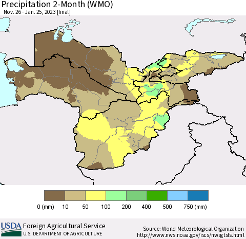 Central Asia Precipitation 2-Month (WMO) Thematic Map For 11/26/2022 - 1/25/2023