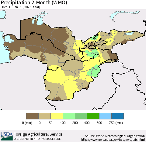 Central Asia Precipitation 2-Month (WMO) Thematic Map For 12/1/2022 - 1/31/2023