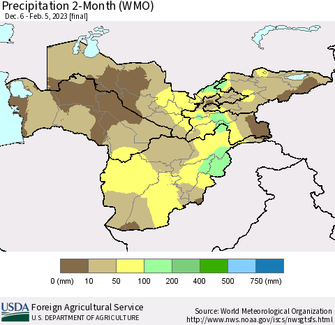 Central Asia Precipitation 2-Month (WMO) Thematic Map For 12/6/2022 - 2/5/2023