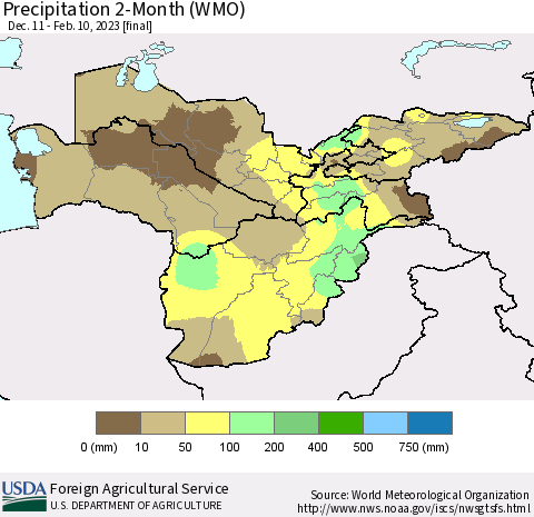 Central Asia Precipitation 2-Month (WMO) Thematic Map For 12/11/2022 - 2/10/2023