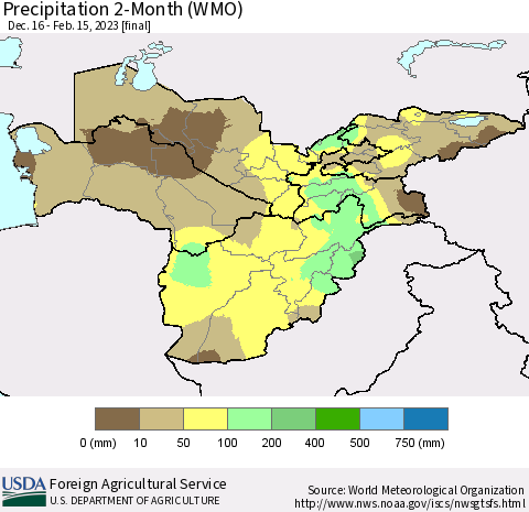 Central Asia Precipitation 2-Month (WMO) Thematic Map For 12/16/2022 - 2/15/2023