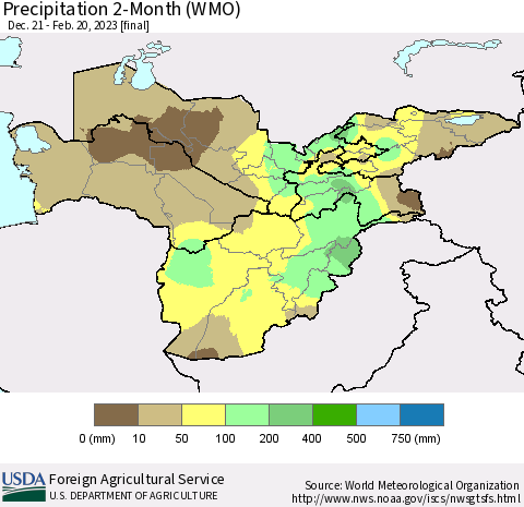 Central Asia Precipitation 2-Month (WMO) Thematic Map For 12/21/2022 - 2/20/2023