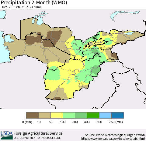 Central Asia Precipitation 2-Month (WMO) Thematic Map For 12/26/2022 - 2/25/2023