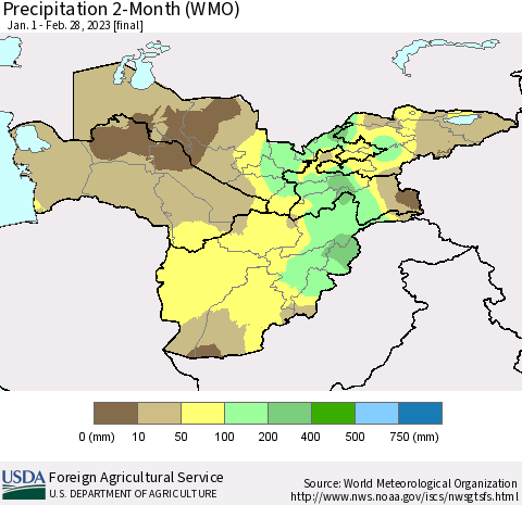 Central Asia Precipitation 2-Month (WMO) Thematic Map For 1/1/2023 - 2/28/2023