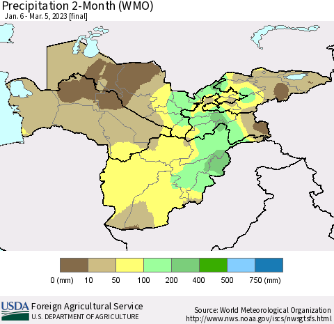 Central Asia Precipitation 2-Month (WMO) Thematic Map For 1/6/2023 - 3/5/2023