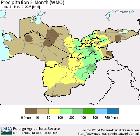 Central Asia Precipitation 2-Month (WMO) Thematic Map For 1/11/2023 - 3/10/2023
