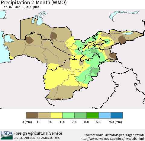 Central Asia Precipitation 2-Month (WMO) Thematic Map For 1/16/2023 - 3/15/2023