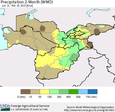 Central Asia Precipitation 2-Month (WMO) Thematic Map For 1/21/2023 - 3/20/2023