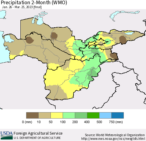 Central Asia Precipitation 2-Month (WMO) Thematic Map For 1/26/2023 - 3/25/2023
