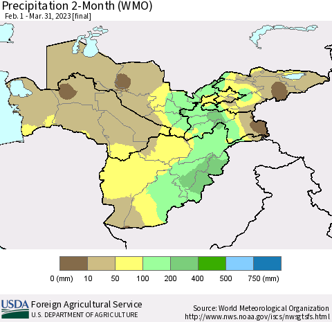 Central Asia Precipitation 2-Month (WMO) Thematic Map For 2/1/2023 - 3/31/2023