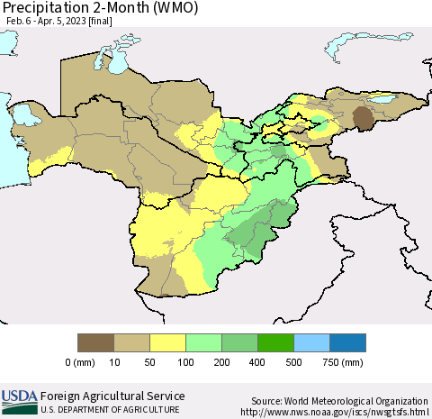 Central Asia Precipitation 2-Month (WMO) Thematic Map For 2/6/2023 - 4/5/2023