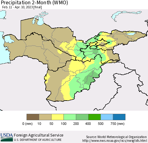 Central Asia Precipitation 2-Month (WMO) Thematic Map For 2/11/2023 - 4/10/2023