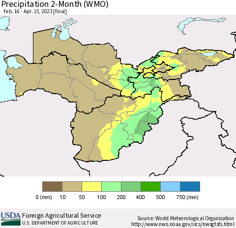 Central Asia Precipitation 2-Month (WMO) Thematic Map For 2/16/2023 - 4/15/2023