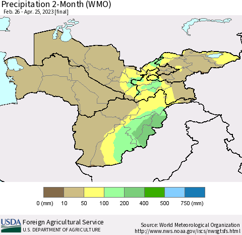 Central Asia Precipitation 2-Month (WMO) Thematic Map For 2/26/2023 - 4/25/2023