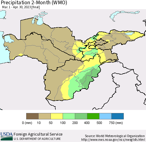 Central Asia Precipitation 2-Month (WMO) Thematic Map For 3/1/2023 - 4/30/2023