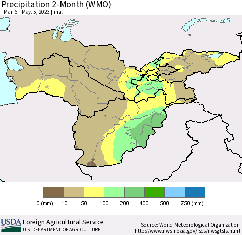 Central Asia Precipitation 2-Month (WMO) Thematic Map For 3/6/2023 - 5/5/2023
