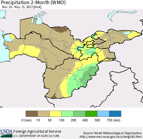 Central Asia Precipitation 2-Month (WMO) Thematic Map For 3/16/2023 - 5/15/2023