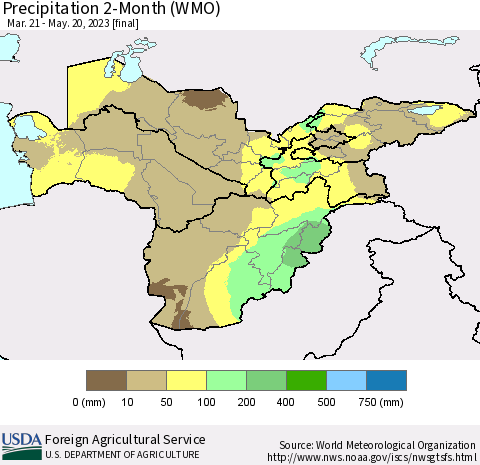 Central Asia Precipitation 2-Month (WMO) Thematic Map For 3/21/2023 - 5/20/2023