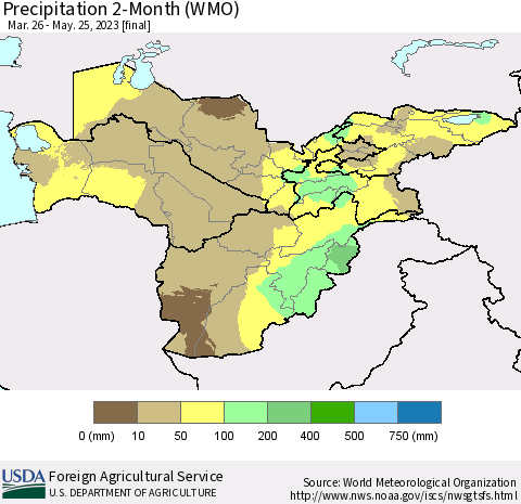 Central Asia Precipitation 2-Month (WMO) Thematic Map For 3/26/2023 - 5/25/2023