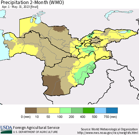 Central Asia Precipitation 2-Month (WMO) Thematic Map For 4/1/2023 - 5/31/2023