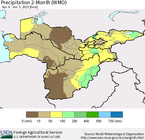 Central Asia Precipitation 2-Month (WMO) Thematic Map For 4/6/2023 - 6/5/2023