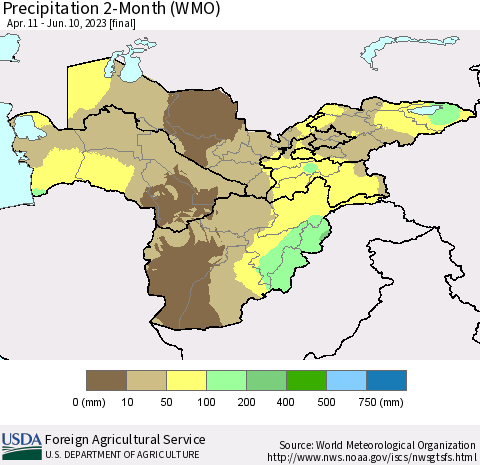 Central Asia Precipitation 2-Month (WMO) Thematic Map For 4/11/2023 - 6/10/2023