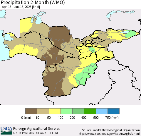 Central Asia Precipitation 2-Month (WMO) Thematic Map For 4/16/2023 - 6/15/2023