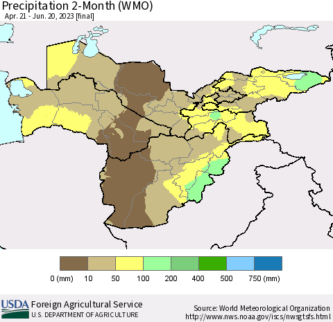 Central Asia Precipitation 2-Month (WMO) Thematic Map For 4/21/2023 - 6/20/2023