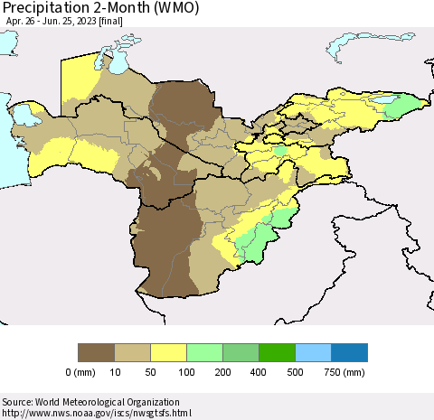 Central Asia Precipitation 2-Month (WMO) Thematic Map For 4/26/2023 - 6/25/2023