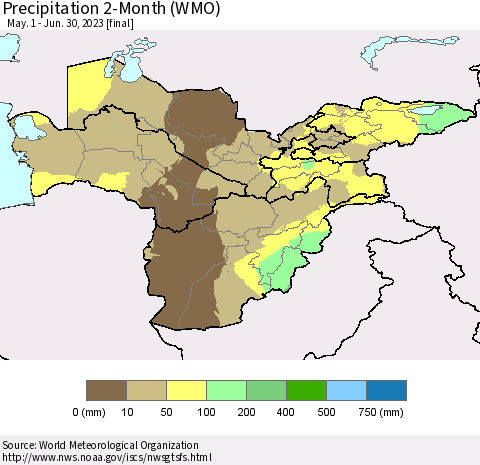 Central Asia Precipitation 2-Month (WMO) Thematic Map For 5/1/2023 - 6/30/2023