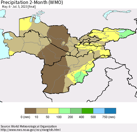 Central Asia Precipitation 2-Month (WMO) Thematic Map For 5/6/2023 - 7/5/2023