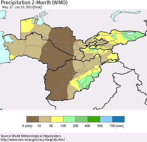 Central Asia Precipitation 2-Month (WMO) Thematic Map For 5/11/2023 - 7/10/2023