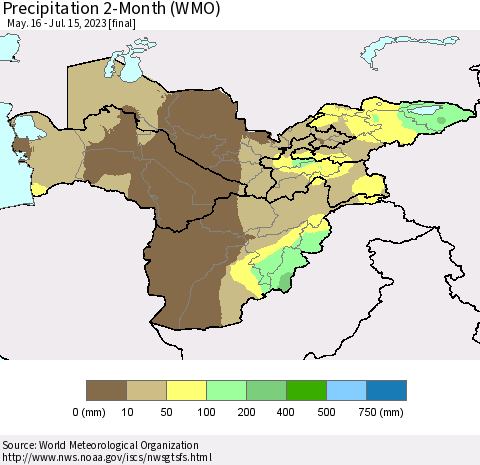 Central Asia Precipitation 2-Month (WMO) Thematic Map For 5/16/2023 - 7/15/2023