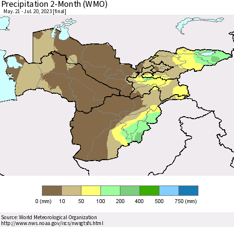 Central Asia Precipitation 2-Month (WMO) Thematic Map For 5/21/2023 - 7/20/2023