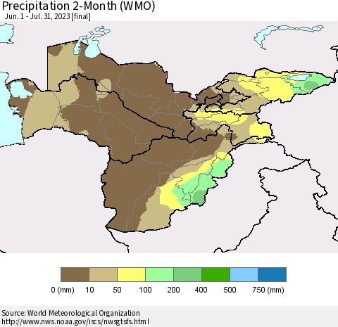 Central Asia Precipitation 2-Month (WMO) Thematic Map For 6/1/2023 - 7/31/2023