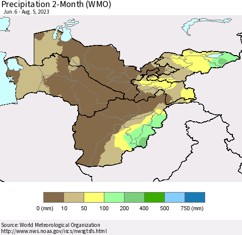 Central Asia Precipitation 2-Month (WMO) Thematic Map For 6/6/2023 - 8/5/2023