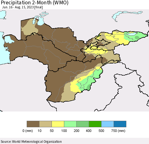 Central Asia Precipitation 2-Month (WMO) Thematic Map For 6/16/2023 - 8/15/2023