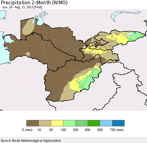 Central Asia Precipitation 2-Month (WMO) Thematic Map For 6/26/2023 - 8/25/2023